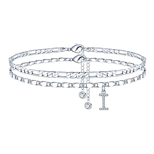 Ursteel Ankle Bracelets for Women, 14K-Gold-Plated Dainty Layered Chain CZ Initial Anklets Set Summer Jewelry Gifts for Women - style: I-Silver-Plated