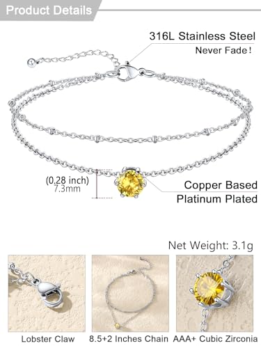 U7 Silver Ankle Bracelet for Women, Waterproof Layered Ankle Round Gem Birthstone Anklets, Summer Beach Foot Jewelry, Adjustable 8.5"-10.5" - color: 11.November-Yellow Topaz
