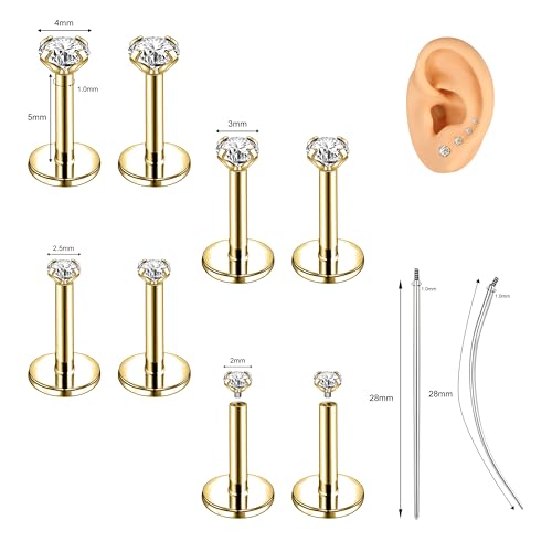 18G/16G Labret Jewelry Surgical Steel Internal Thread | CZ Stud, Lip Nose Piercing Studs, Flat Back, Medusa Monroe Lip Cartilage Earring, 2/2.5/3/4mm CZ - color: 18G,5mm-bar,2/2.5/3/4mm-CZ,Gold