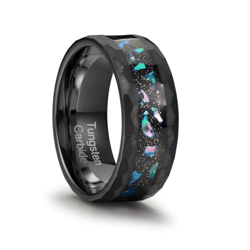 8mm Men's Tungsten Carbide Ring Gold/Black Hammered Meteorite Shavings Gold Foil Inlay Galaxy Nebula Green Opal Engagement Wedding Ring Matte Finish Comfortable Fit - color: 8mm tungsten black