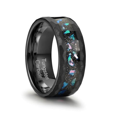 8mm Men's Tungsten Carbide Ring Gold/Black Hammered Meteorite Shavings Gold Foil Inlay Galaxy Nebula Green Opal Engagement Wedding Ring Matte Finish Comfortable Fit - color: 8mm tungsten black