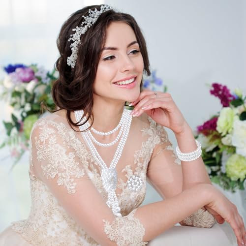 Pearl Jewelry Set for Women Faux Pearl Costume Jewelry Set with Necklace, Bracelets, Ring, Earrings for Wedding Bridal Birthday Tea Party - color: 8Pcs White