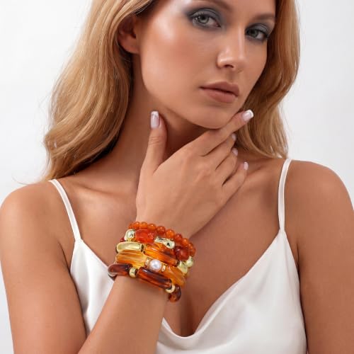 GOOJIDS Simple Beaded Gold Plated Bangles Bracelet Chunky Bamboo Tube Curved Stacking Clear Acrylic Colorful Beads Stretchable Gold Plated Bracelets Set For Women - color: S-Brown 5pc Set