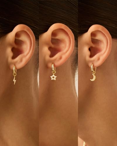 PAVOI 14K Gold Plated Mix & Match Charms Dainty Huggie Earrings for Women | Hypoallergenic Earrings with 925 Sterling Silver Posts, Huggie Hoop Earrings with Motif Dangle Charms Pack - style: Moon