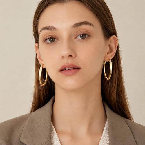 sovesi Flat Edge Chunky Hoop Earrings for Women 14k Gold Plated, 5mm Thick Hoops, Lightweight Hypoallergenic Hoop Earrings - color: Gold 50mm