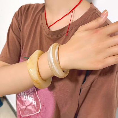 2PCS Chunky Acrylic Bracelet for Women Large Square Resin Cuff Vintage Open Bangle Bracelets Wide Geometric Jewelry - style: Beige+coffee