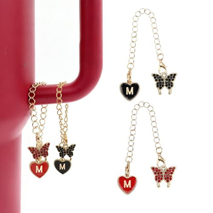 2Pcs Letter Charm Accessories for Stanley Cup,Name ID Initial Letter for Stanley 30&40 oz Tumbler with Handle,Heart Shape & Four Leaf Clover Initial Personalized Identification Charms Chain - color: black and red-M