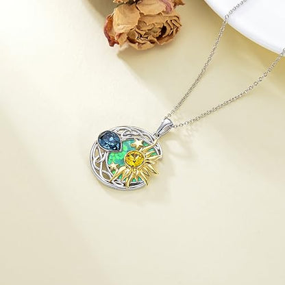 AOBOCO 925 Sterling Silver Moon Sun Star Necklace Celtic Jewelry for Women Girls - color: Silver&Gold&Light Green