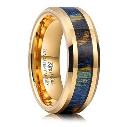 King Will Tungsten Wedding Band Wood Inlay for Men Black Beveled Edge | Black, 8mm, Beveled Edge, Comfort Fit, Wood inlay, Promise Gift - color: Colorful Wood Chips-Gold