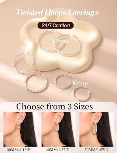 3MM Wide Silver Hoop Earrings for Women Hypoallergenic 925 Sterling Silver Post Hoop Earrings Lightweight Large Big Twisted Silver Hoop Earrings for Everyday Wear 30MM/40MM/50MM - color: 30MM Sillver