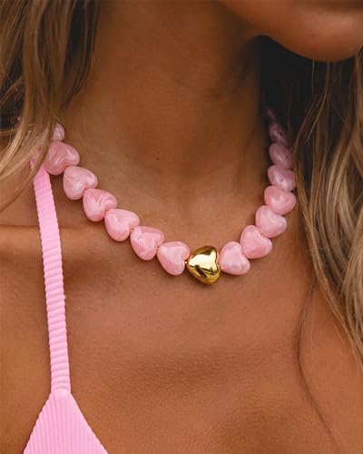 Chunky Beaded Necklace for Women Trendy Multicolor Resin Beads Choker Necklaces Boho Summer Statement Necklace Chunky Heart Jewelry - color: Heart necklace-pink