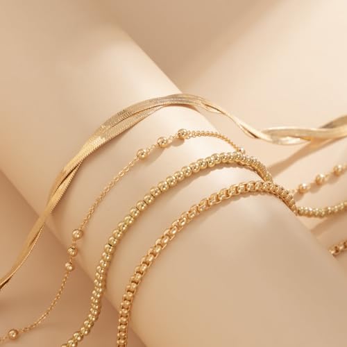 Gold Ankle Bracelets for Women,Dainty 14K Gold Plated Anklets for Women Waterproof Herringbone Beaded Satellite Anklets Set Layered Anklet Bracelets for Women Gold Jewelry Gift - color: Set 5