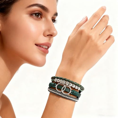 Leather Wrap Bracelets for Women, Boho Leopard Multi-Layer Crystal Beads Cuff Jewelry - color: J-Warp-010