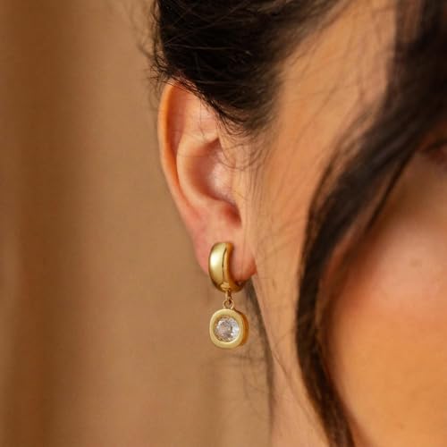 Gold Chunky Dangle Earrings for Women, Bezel Set Cubic Zirconia Charm | 14K Gold Silver Plated, Statement Huggie Hoops Drop Earrings, Trendy Jewelry Gifts, High Grade CZ, Hypoallergenic Lightweight - color: GD-Round CZ Hoop