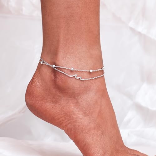 CHIC & ARTSY 925 Sterling Silver Ankle Bracelets for Women, Adjustable Layered Foot Chains with Nature & Symbol Charms, Lightweight Comfort Fit Boho Beach Everyday Jewelry - color: Wave/silver