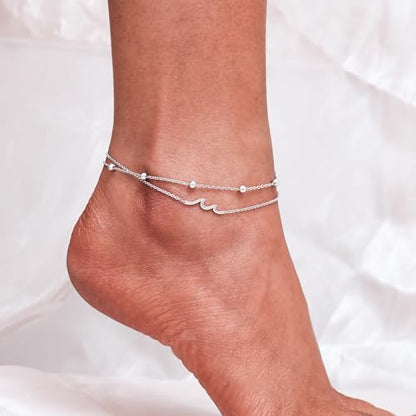 CHIC & ARTSY 925 Sterling Silver Ankle Bracelets for Women, Adjustable Layered Foot Chains with Nature & Symbol Charms, Lightweight Comfort Fit Boho Beach Everyday Jewelry - color: Wave/silver