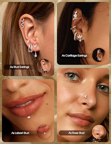20G 18G Threadless Flat Back Earrings 316L Surgical Steel, 12PCS | Hypoallergenic Push in Stud Earrings, 14K Gold Plated Cartilage Earring Stacks, Helix Conch Tragus Nose Piercing Jewelry - color: Silver Tone, size: 18G-6MM Bar