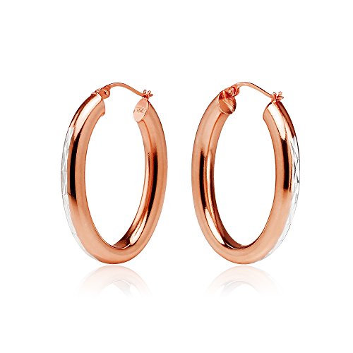 Hoops & Loops 925 Sterling Silver 4.5mm Thick Oval Diamond-Cut Hoop Earrings, 25mm 30mm, Silver, Yellow Gold, Rose Gold & Black - color: Rose Gold 25mm-1''