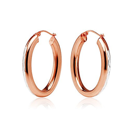 Hoops & Loops 925 Sterling Silver 4.5mm Thick Oval Diamond-Cut Hoop Earrings, 25mm 30mm, Silver, Yellow Gold, Rose Gold & Black - color: Rose Gold 25mm-1''
