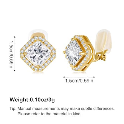 Clip On Earrings for Women Halo Clip-on Non-pierced Earrings Gold Plated Small CZ Studs Dainty Jewelry - color: Square