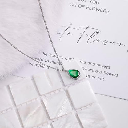 Teardrop Pendant Necklace for Women - Sterling Silver Birthstone Crystal Necklace Gift - color: Emerald