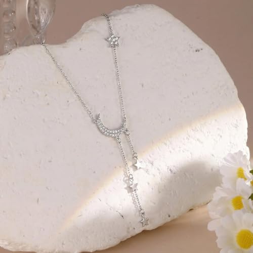 Moon Y Necklace Silver with Star Pendant, Rhinestone Long Link Chain Jewelry, Adjustable Moon Choker Crescent Pendant Collarbone Necklaces, Celestial Statement Jewelry Gifts for Women - style: Modern