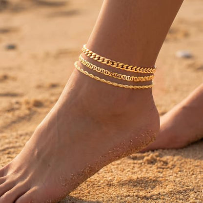 DEARMAY Gold Anklets for Women Waterproof | Non Tarnish14K Gold Plated Ankle Bracelets Set Stack, Summer Beach Jewelry Gifts for Vacation - color: Gold Anklet-G
