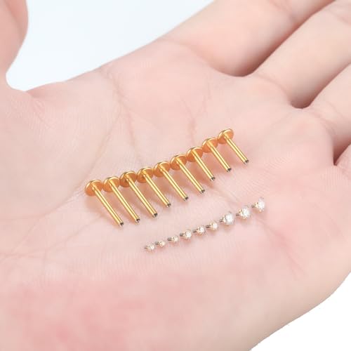 Xpircn Flat Back Stud Earrings 14K Gold Plated Internally Threaded CZ Stud Piercing Jewelry for Tragus Helix Cartilage Conch Nose Hypoallergenic Lip Labret Medusa Piercing 16G 18G - color: 16 Gauge, Gold, size: Mixed (8/10/12mm) Bar