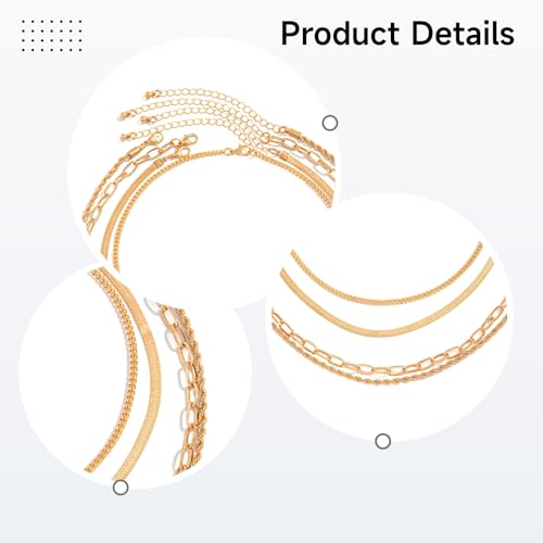 Layered Necklaces for Women, Four Piece Set with Paperclip and Snake Chains, Adjustable Lengths, Gold and Silver Tones, for Casual and Formal Styles