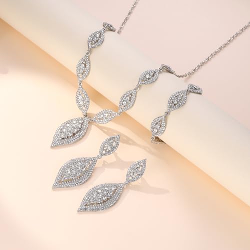 Flyonce Wedding Jewelry Set Rhinestone Crystal Bridal Leaf Necklace Drop Dangle Chandelier Earrings Sets for Women - color: Clear Silver-Tone