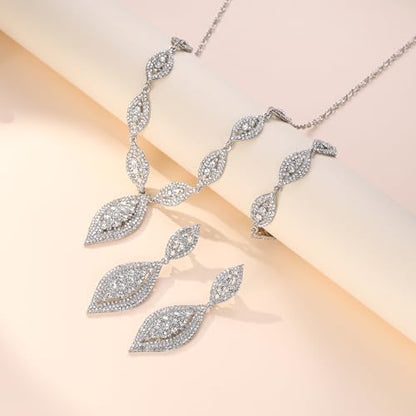 Flyonce Wedding Jewelry Set Rhinestone Crystal Bridal Leaf Necklace Drop Dangle Chandelier Earrings Sets for Women - color: Clear Silver-Tone