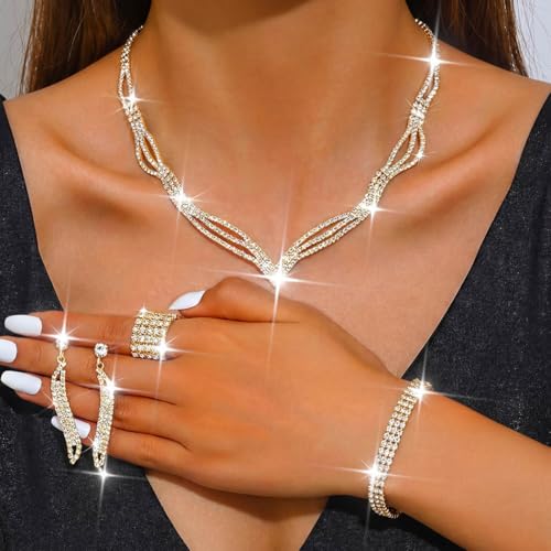 Rhinestone Bridal Wedding Jewelry Sets Black Necklace Earrings Bracelet Ring Set Prom Formal Costume Jewelry Set for Women and Brides - color: Gold