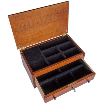 Harvey Ellis Wooden Jewelry Box, Solid Quartersawn Oak | Onondaga Brown Finish, Inlay, Velvet-Lining, Ring Holder, Drawer w/ 2 Keys, 18in W x 11in D x 7.5in H, 18in H Lid Open