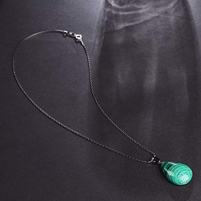 iSTONE 925 Sterling Silver Natural Crytral for Womens Pendant Necklace, Gemstone Birthstone with 17.8" Silver Chain Ladies - color: Malachite 1