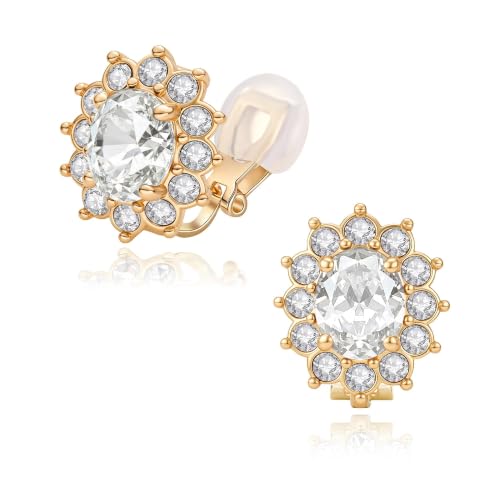 EVEVIC Oval Austrian Crystal Halo Clip On Earrings for Women | Oval Austrian Crystal with Zircon Halo,14K Gold-Plated,Silicone Comfort Pad,Gift Box Included,For Daily and Evening Events - color: White Clear