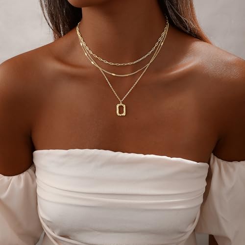 Gold Necklace for Women 14K Gold Plated Layered Cross Bar Necklace Herringbone Figaro Paperclip Flat Chain Cute Charm Accessories Non Tarnish Jewelry Set Gifts for Women - style: R-NK-07-Rectangle circle-GD
