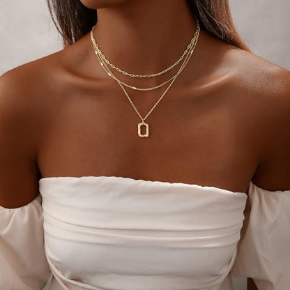 Gold Necklace for Women 14K Gold Plated Layered Cross Bar Necklace Herringbone Figaro Paperclip Flat Chain Cute Charm Accessories Non Tarnish Jewelry Set Gifts for Women - style: R-NK-07-Rectangle circle-GD