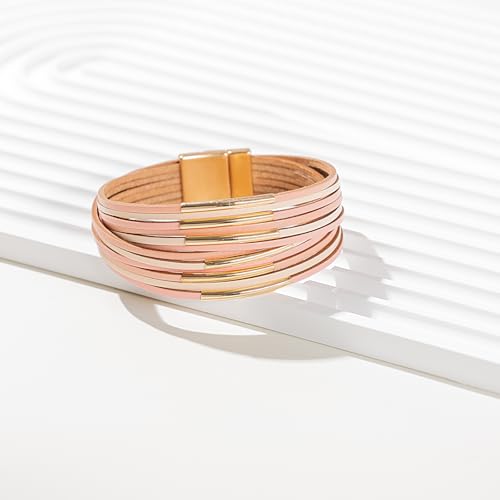 Gold Tube Leather Wrap Bracelets Boho Chunky Stackable Layered Western Cuff | Stacked Bohemian Cool Magnetic Clasp Bangles Statement Cowgirl Hippie Country Festival Accessories for Women Trendy - color: Pink