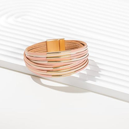 Gold Tube Leather Wrap Bracelets Boho Chunky Stackable Layered Western Cuff | Stacked Bohemian Cool Magnetic Clasp Bangles Statement Cowgirl Hippie Country Festival Accessories for Women Trendy - color: Pink