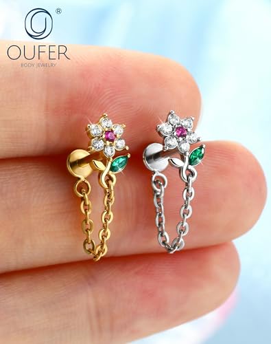 OUFER 16G Threadless Flat Back Cartilage Stud with Chain Dangle, Flower CZ Cluster Labret for Helix/Conch/Tragus/Lobe, 316L Stainless Steel, 6mm Post - color: Gold