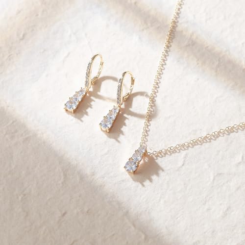 Crysdue Cubic Zirconia Jewelry Set for Women Bridesmaid, Classic Round Cut Drop Lightweight Lever Back Earrings Pendant Necklace Tennis Bracelet for Wedding Prom Party - style: 2pcs Gold