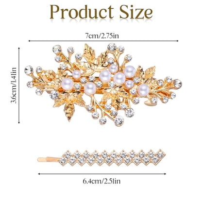 4 PCS Gold Hair Pins Rhinestone Barrette Pearl, Crystal Wedding Leaf Barrette, Sparkly Bridal Hair Clips Accessory for Women Girls
