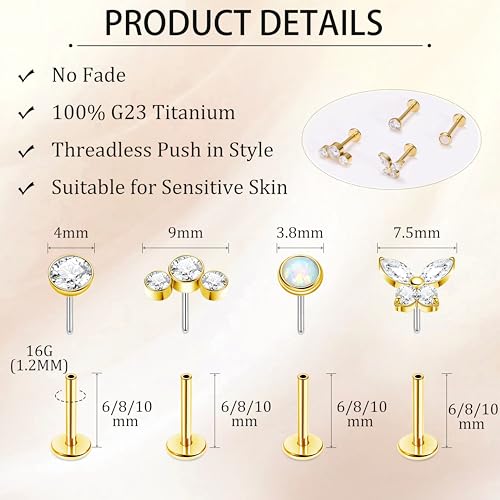 NICEIGHT 4Pcs 16G G23 Titanium Threadless Push in Labret Monroe Studs Lip Rings Hypoallergenic Cartilage Stud Earrings for Sensitive Ear Flat Back Stud Helix Tragus Conch Piercing Jewelry 6/8/10MM - color: Gold, size: 6MM