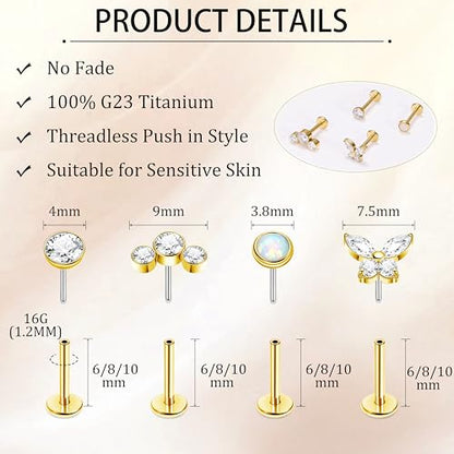 NICEIGHT 4Pcs 16G G23 Titanium Threadless Push in Labret Monroe Studs Lip Rings Hypoallergenic Cartilage Stud Earrings for Sensitive Ear Flat Back Stud Helix Tragus Conch Piercing Jewelry 6/8/10MM - color: Gold, size: 6MM