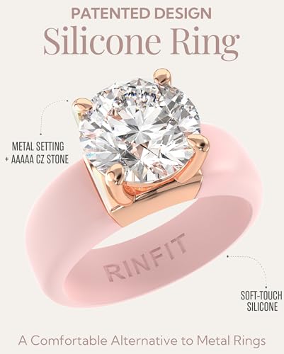 Rinfit Silicone Ring with Stone, Round Cut CZ | AAAAA Grade Cubic Zirconia, Solitaire Engagement Ring for Her, Flexible Rubber Wedding Band for Women, Patented Design - color: Pack E: Pink / Rose Gold