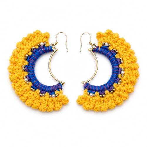 Handmade Crochet Sunrise Hoop Earrings with Soft Yellow Fringe, Lightweight Half-Circle Boho Statement Earrings, 925 Sterling Silver Hooks – KnitAra Sunlit Crescent