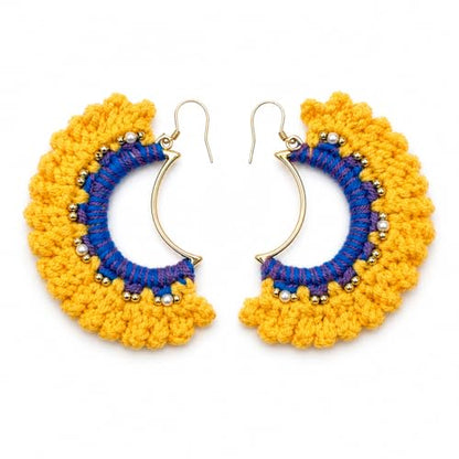 Handmade Crochet Sunrise Hoop Earrings with Soft Yellow Fringe, Lightweight Half-Circle Boho Statement Earrings, 925 Sterling Silver Hooks – KnitAra Sunlit Crescent