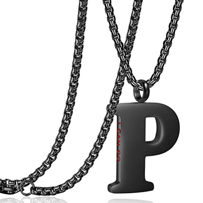 Initial 26 Letter A to Z Pendant Necklace for Teen Women Men 24" Chain | Large Alphabet Letter Personalized Charm Pendant,Engraving Red 'I CAN DO ...' on Back - style: P