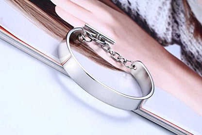 DIB Free Engraving Stainless Steel Minimalist Shiny Cuff Bangle Bracelets with Toggle Clasp for Women Oval Shape Silver