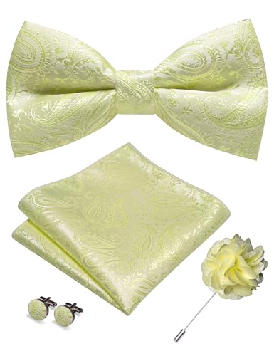 JEMYGINS Mens Paisley Bow Tie and Lapel Pin Necktie Pocket Square and Tie Clip with Sets for Business Casual 4PCS - color: Light Yellow